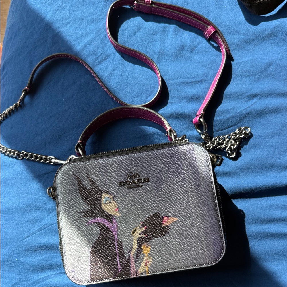Coach Leather Crossbody with Pink Strap and Gray Illustration